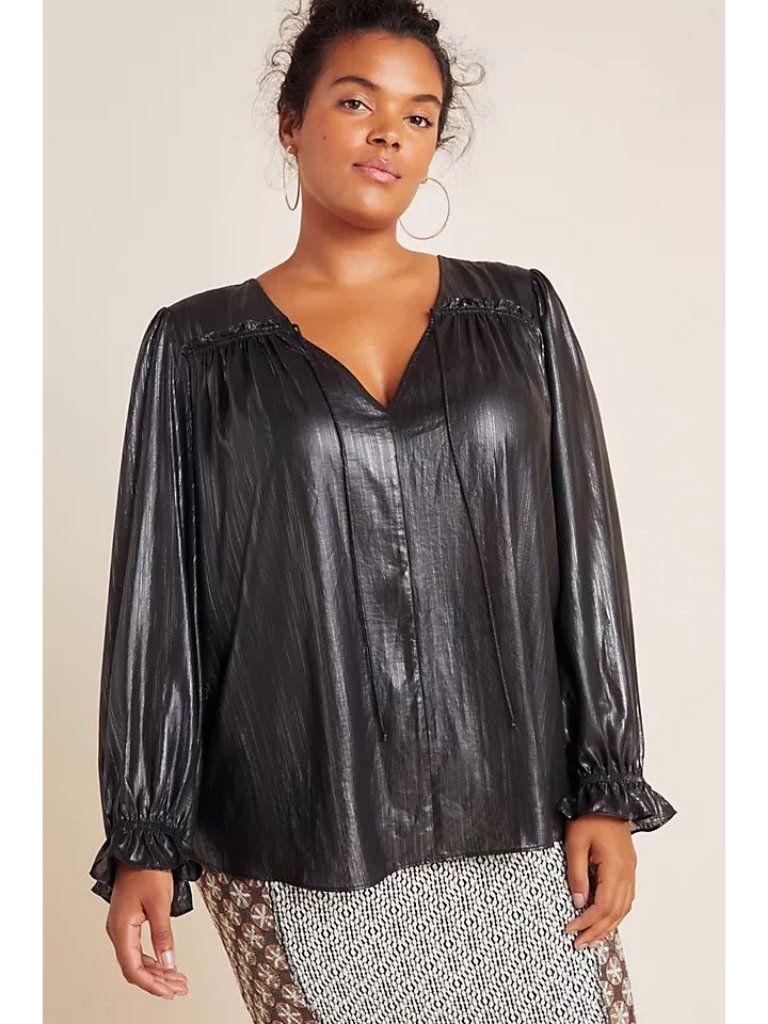 Anthropologie Nwt Current Air Bristol Metallic Mixed Media Blouse Black Size Xl